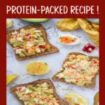 three egg salad with avocado toasts with text overlay