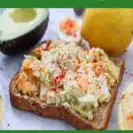 egg salad with avocado toast and text overlay