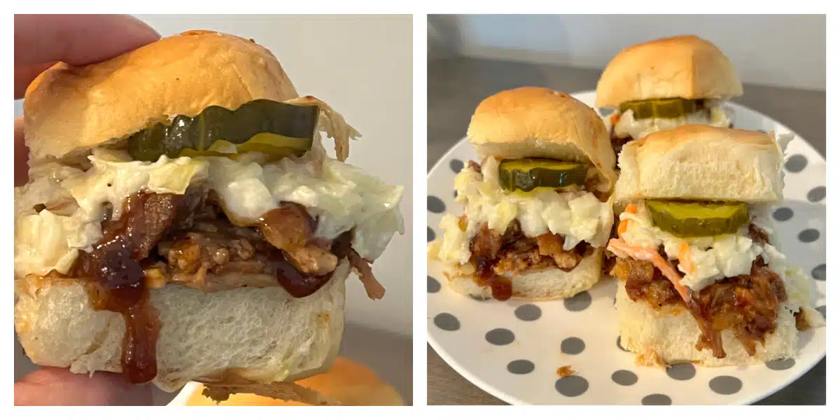 collage of three pulled pork sliders on a plate and a close up of one slider