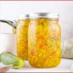 mason jars filled with sweet relish and text overlay