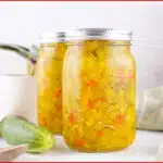 mason jars filled with sweet relish and text overlay