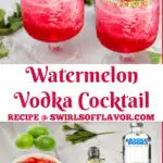 two glasses of watermelon cocktails and ingredients for the recipe with text overlay