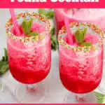 two glasses of vodka watermelon cocktails rimmed with colorful sprinkles and text overlay