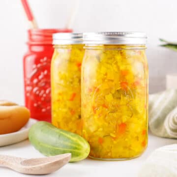 two mason jars filled with sweet relish