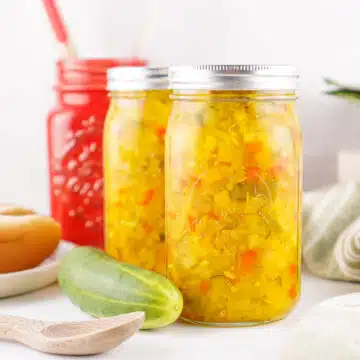 two mason jars filled with sweet relish