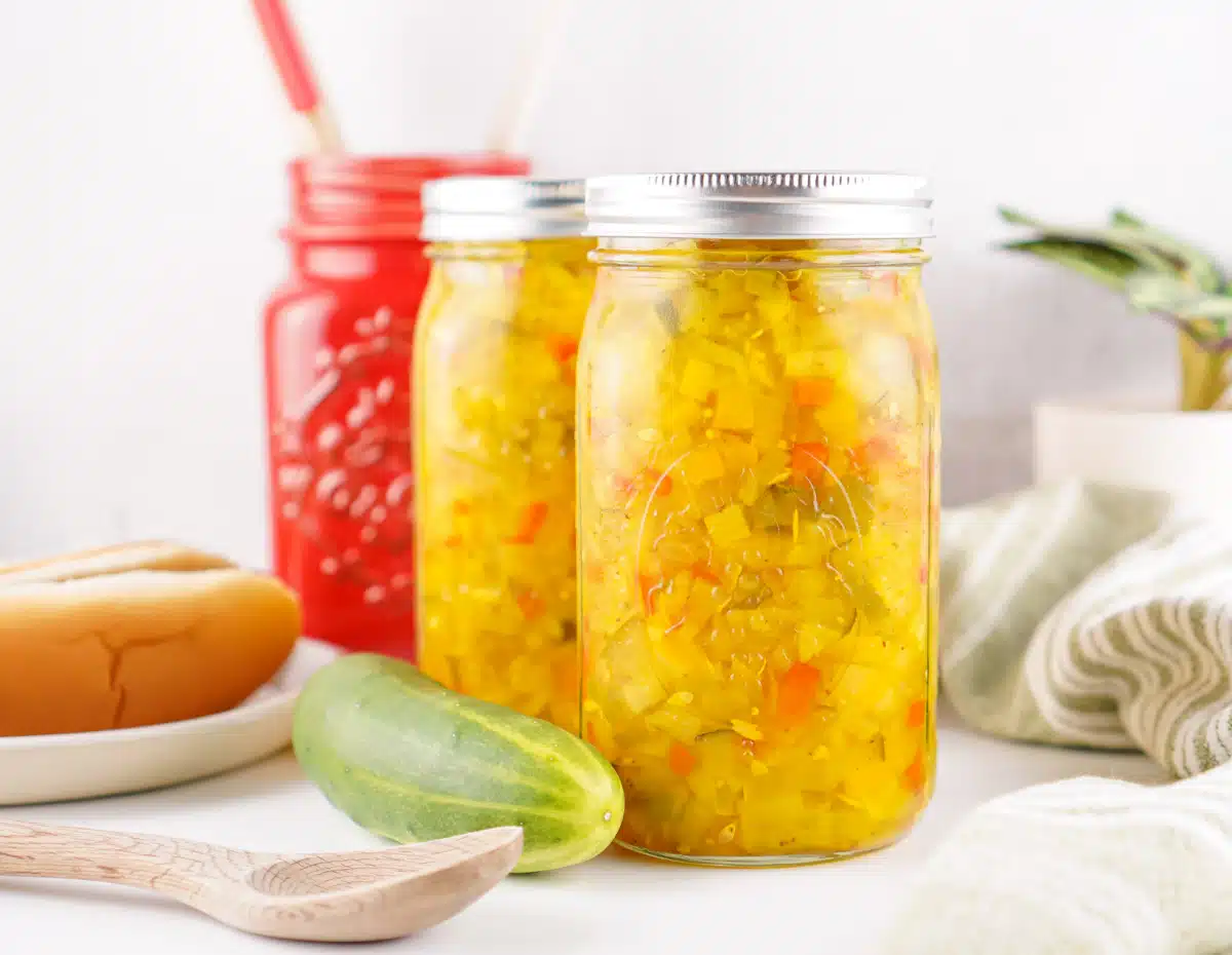two mason jars filled with sweet relish