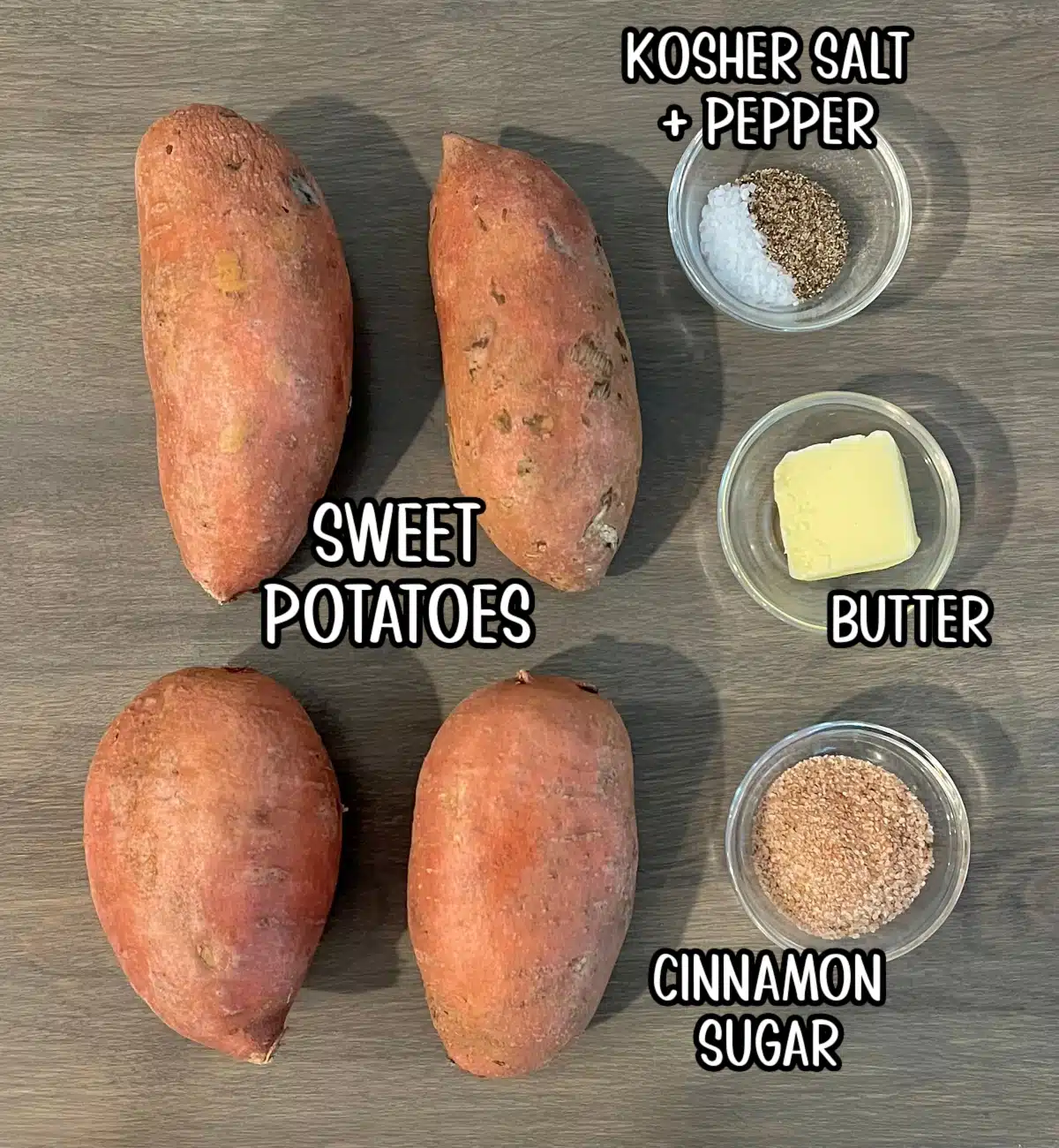 ingredients for candied sweet potatoes with labels