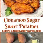 platter of roasted sweet potato halves with photo of ingredients and text overlay