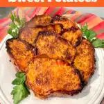candied sweet potato halves on a dish with pretty napkin and text overlay