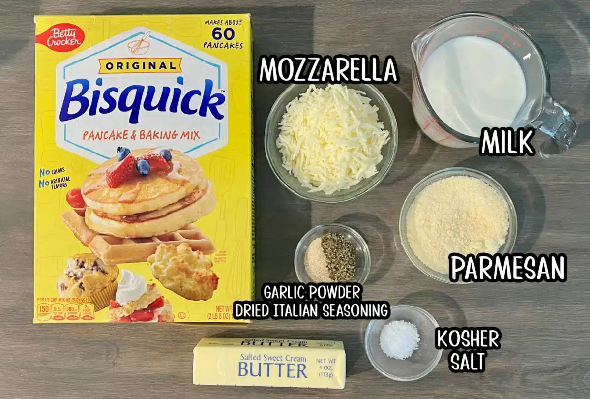 ingredients for Bisquick garlic biscuits with labels