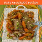 pork and carrots on a platter with text overlay