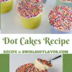 dot cakes with spoonful of cake and text overlay