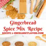 gingerbread spice in a jar with ingredients in bowls and text overlay