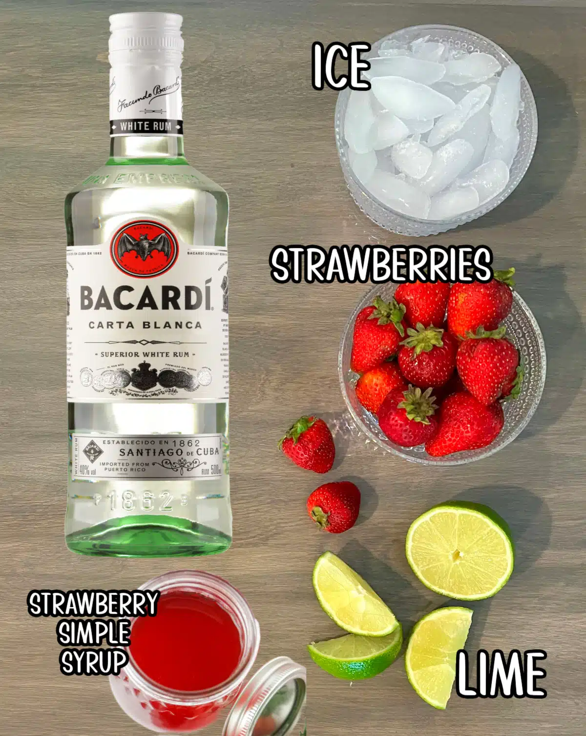 ingredients for strawberry daiquiri recipe with labels