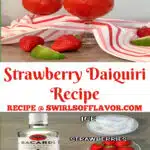glasses of strawberry daiquiris with photo of ingredients and text overlay