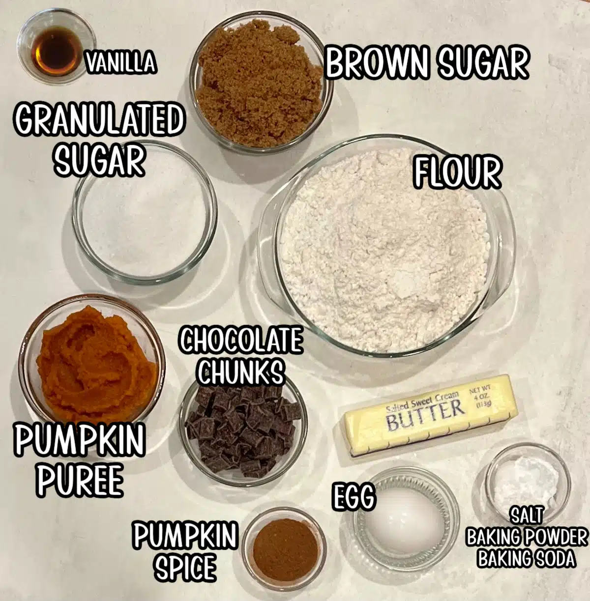 chocolate chunk pumpkin cookie ingredients with labels