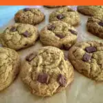 pumpkin cookies with chocolate chunks and text overlay