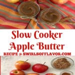 apple butter in mason jars with photo o ingredients and text ovrlay