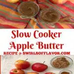 apple butter in mason jars with photo o ingredients and text ovrlay