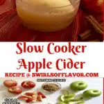 glass of homemade apple cider, ingrdients for making apple cier and text overlay
