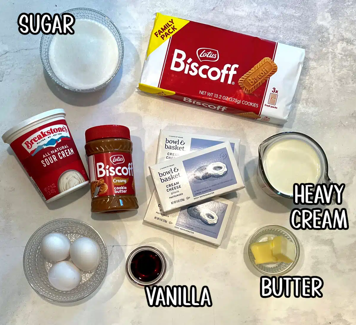 Ingredients for making a Biscoff cheesecake recipe