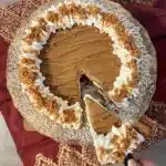 overhead photo of Biscoff cheesecake with slice cut out